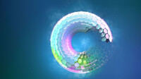 Grafische Vorschau auf die CT.QMAT-Messewand mit leuchtendem Halbglobus in Blau-Violett.